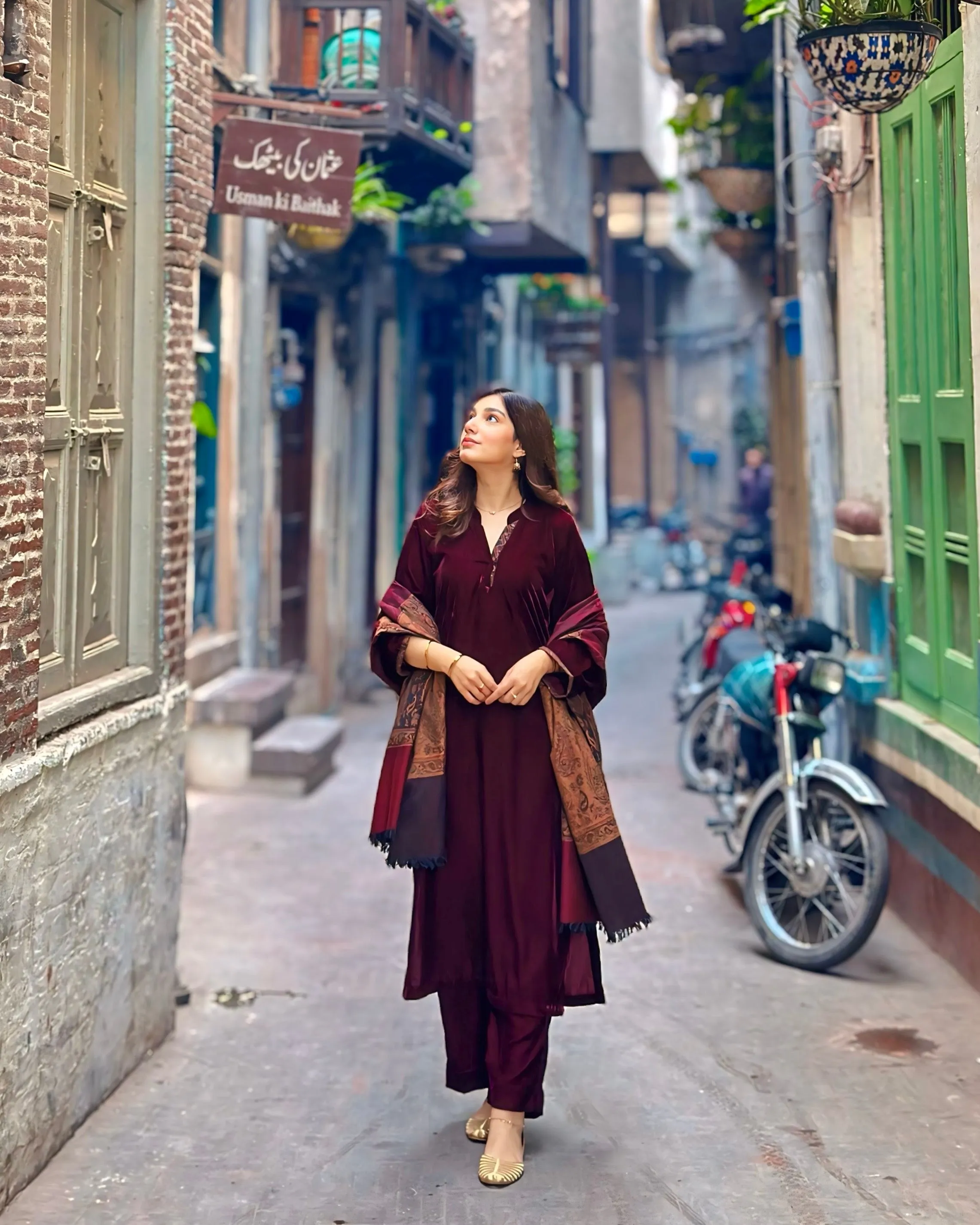 Velvet Maroon Dress with Shawl