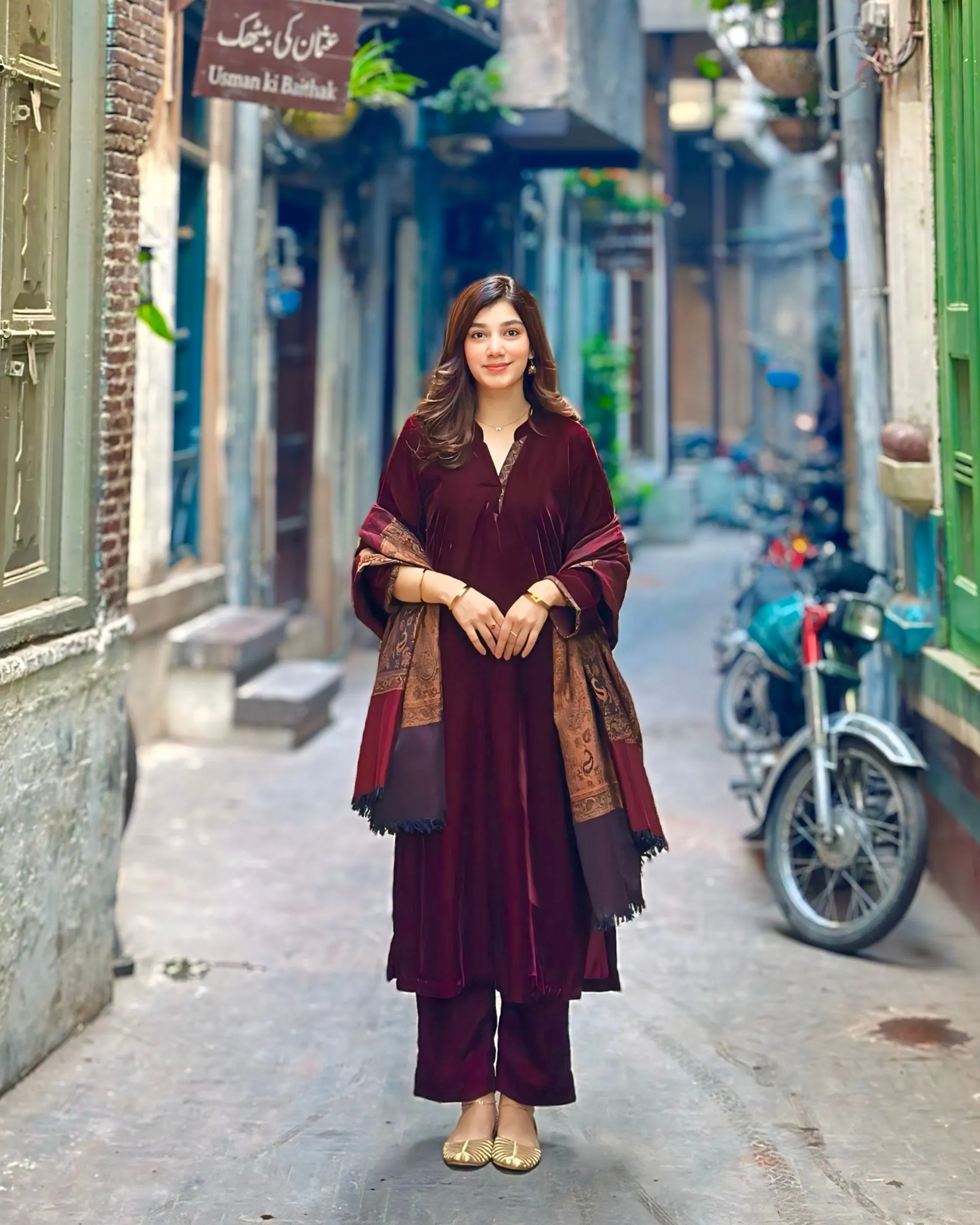 Velvet Maroon Dress with Shawl