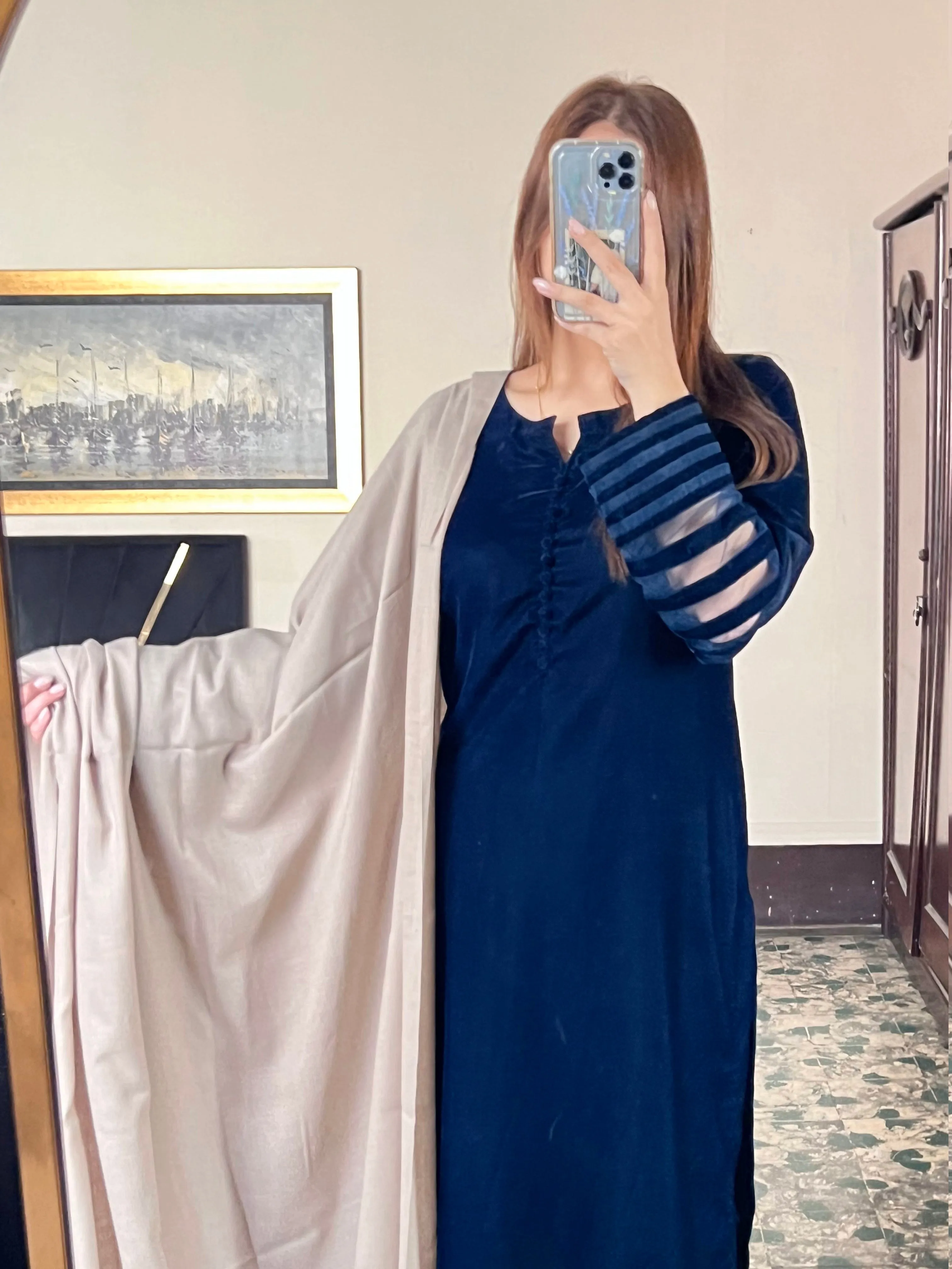 Velvet Navy Blue Dress with Shawl