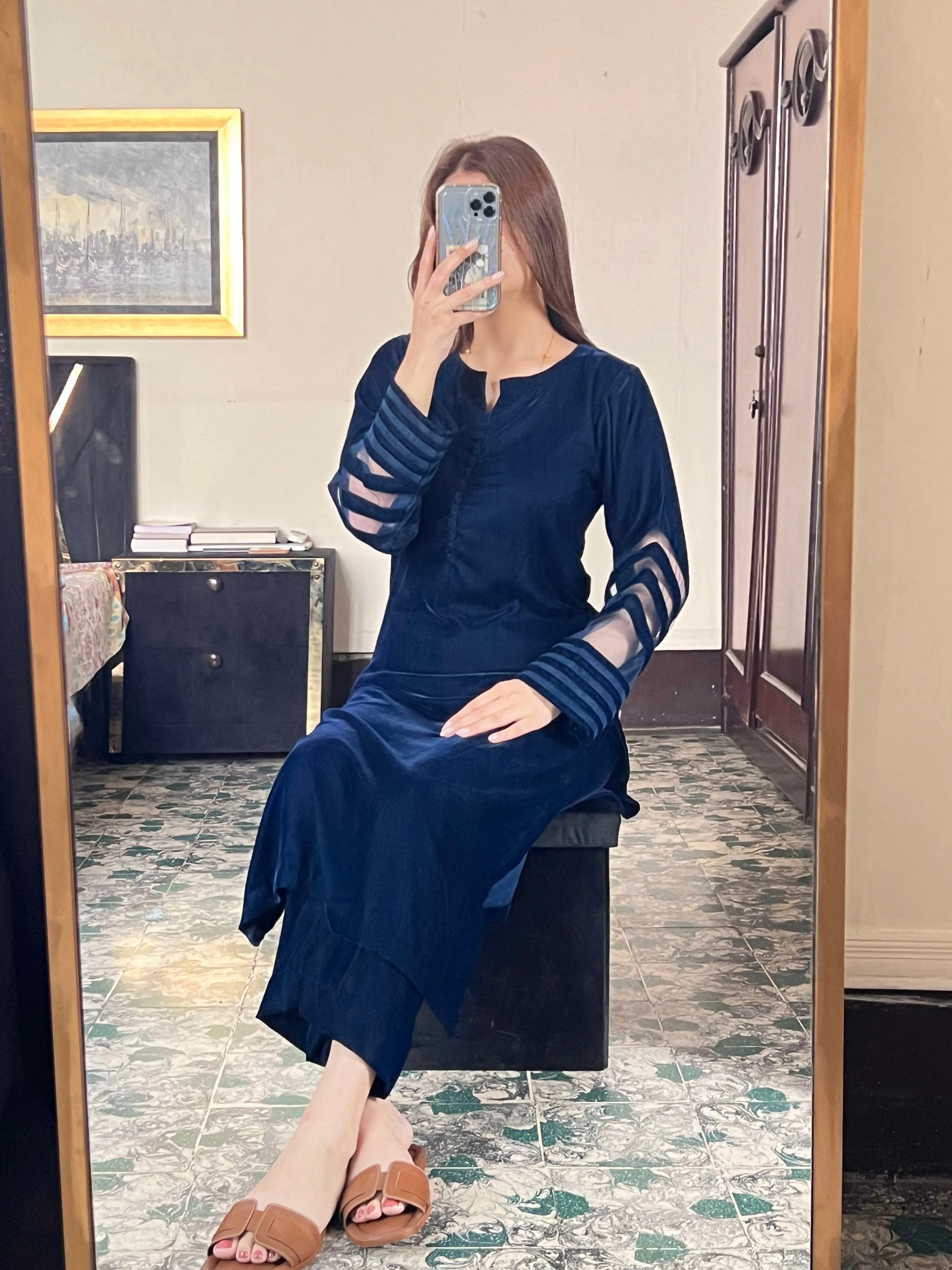 Velvet Navy Blue Dress with Shawl