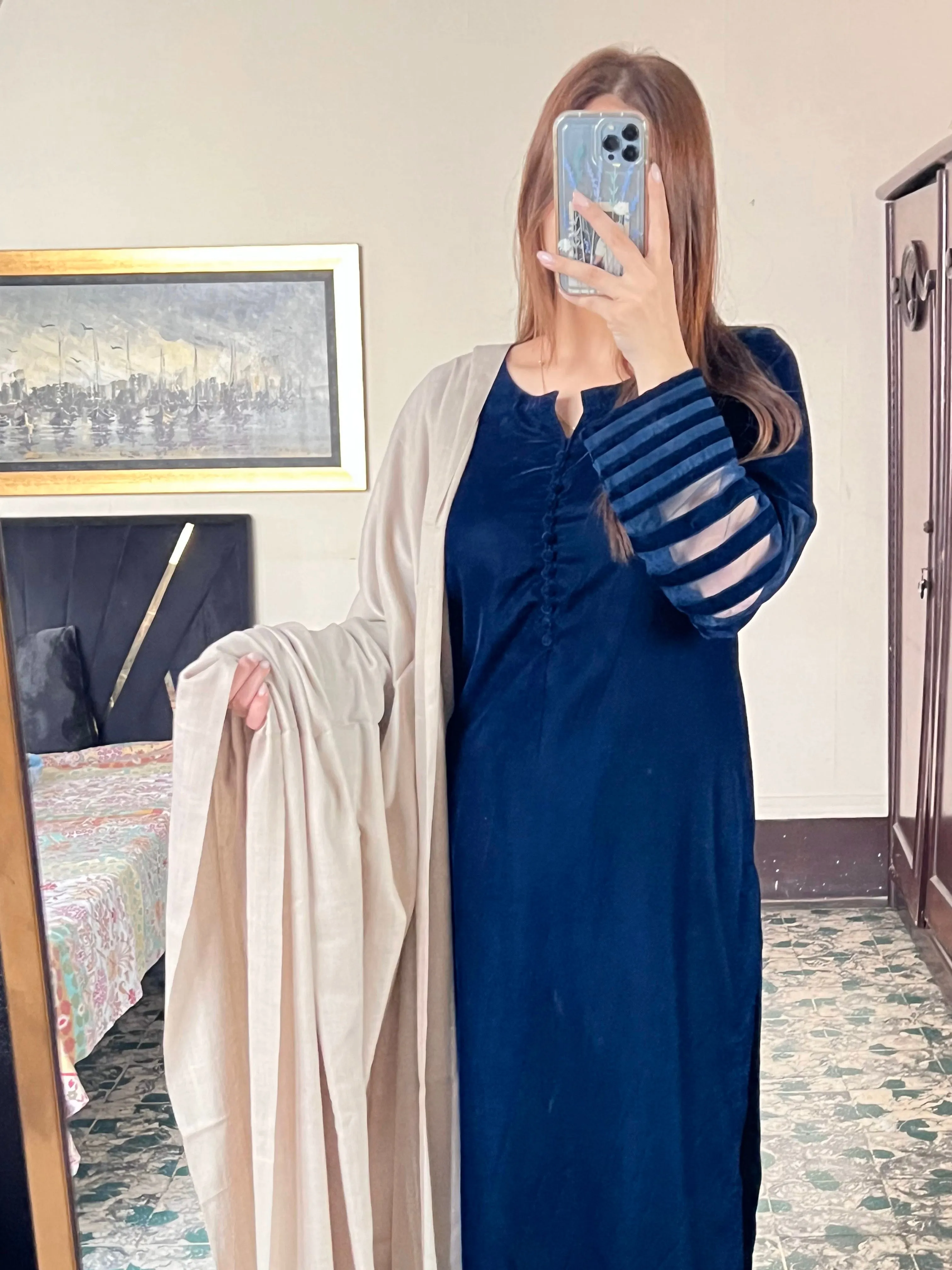 Velvet Navy Blue Dress with Shawl