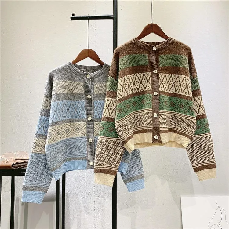 Vintage Geometry Print Women Cardigan Sweaters