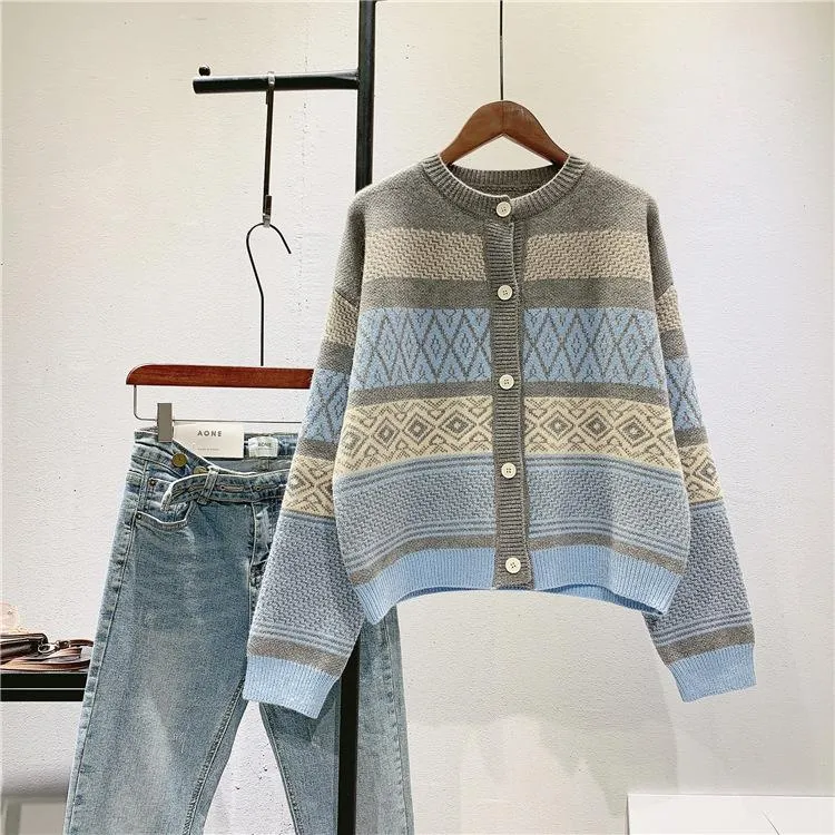 Vintage Geometry Print Women Cardigan Sweaters