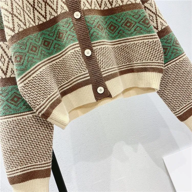 Vintage Geometry Print Women Cardigan Sweaters