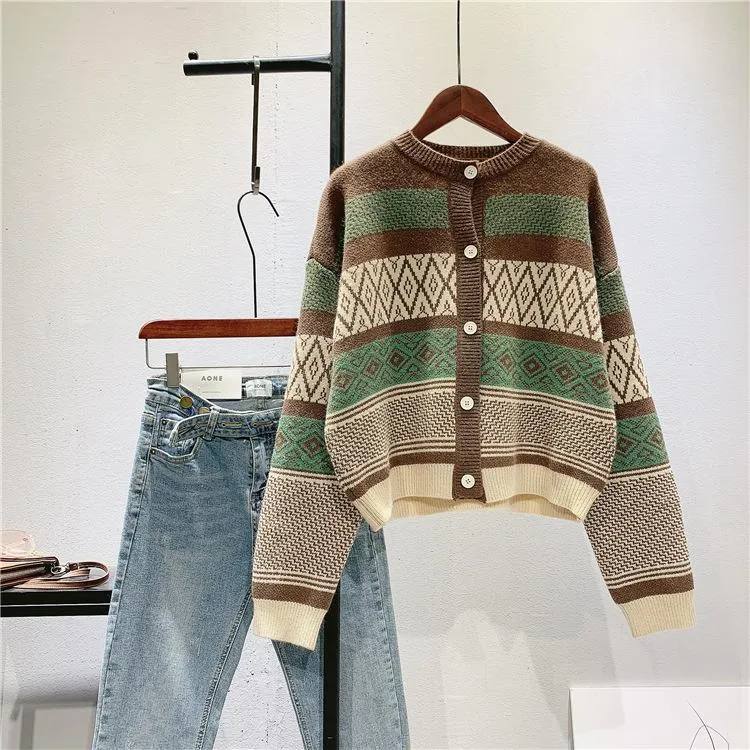 Vintage Geometry Print Women Cardigan Sweaters