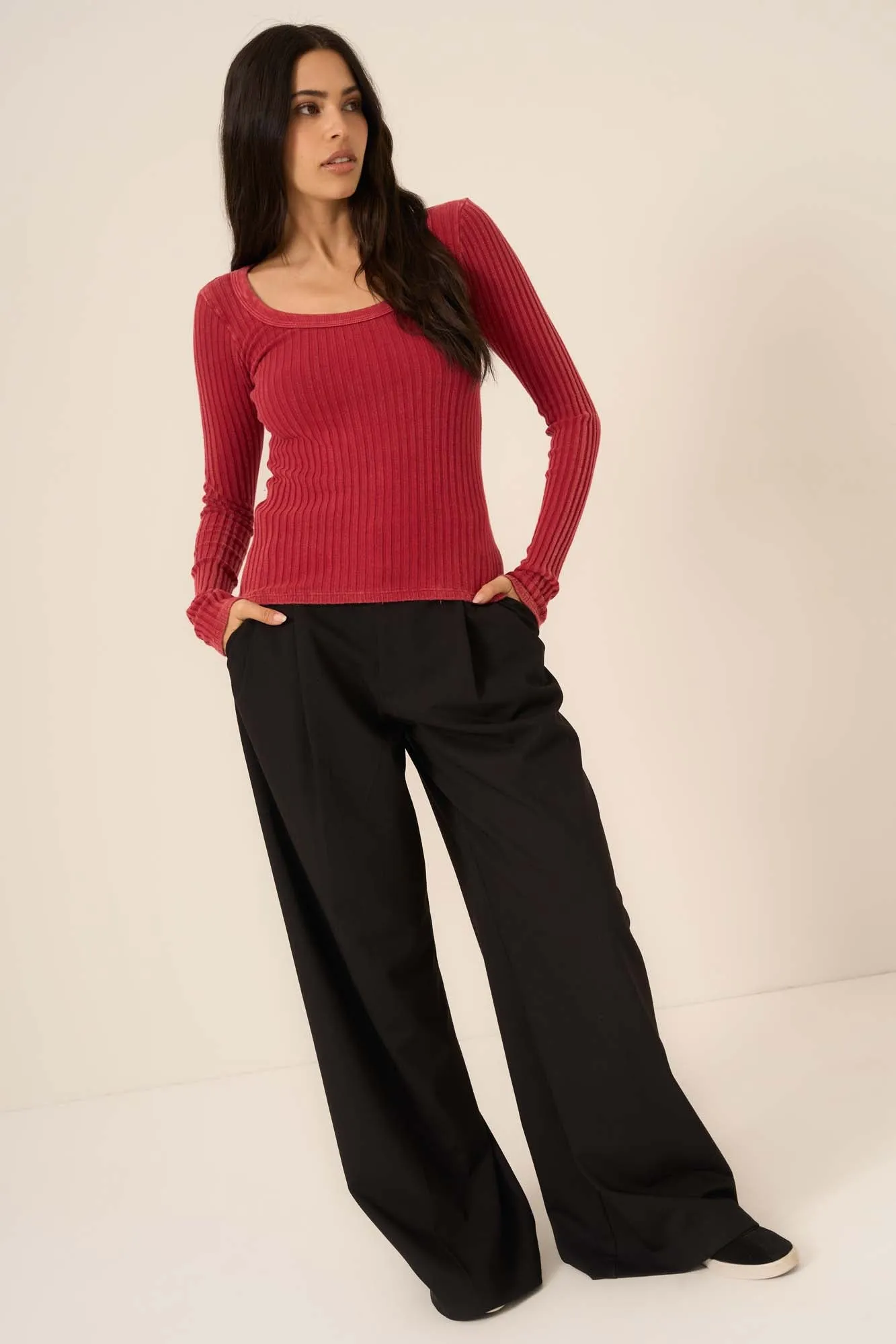 What's The Scoop Washed Rib Long Sleeve - MW Red Currant