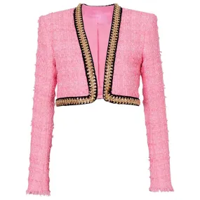 Women Chain-Trimmed Tweed Cropped Jacket Pink