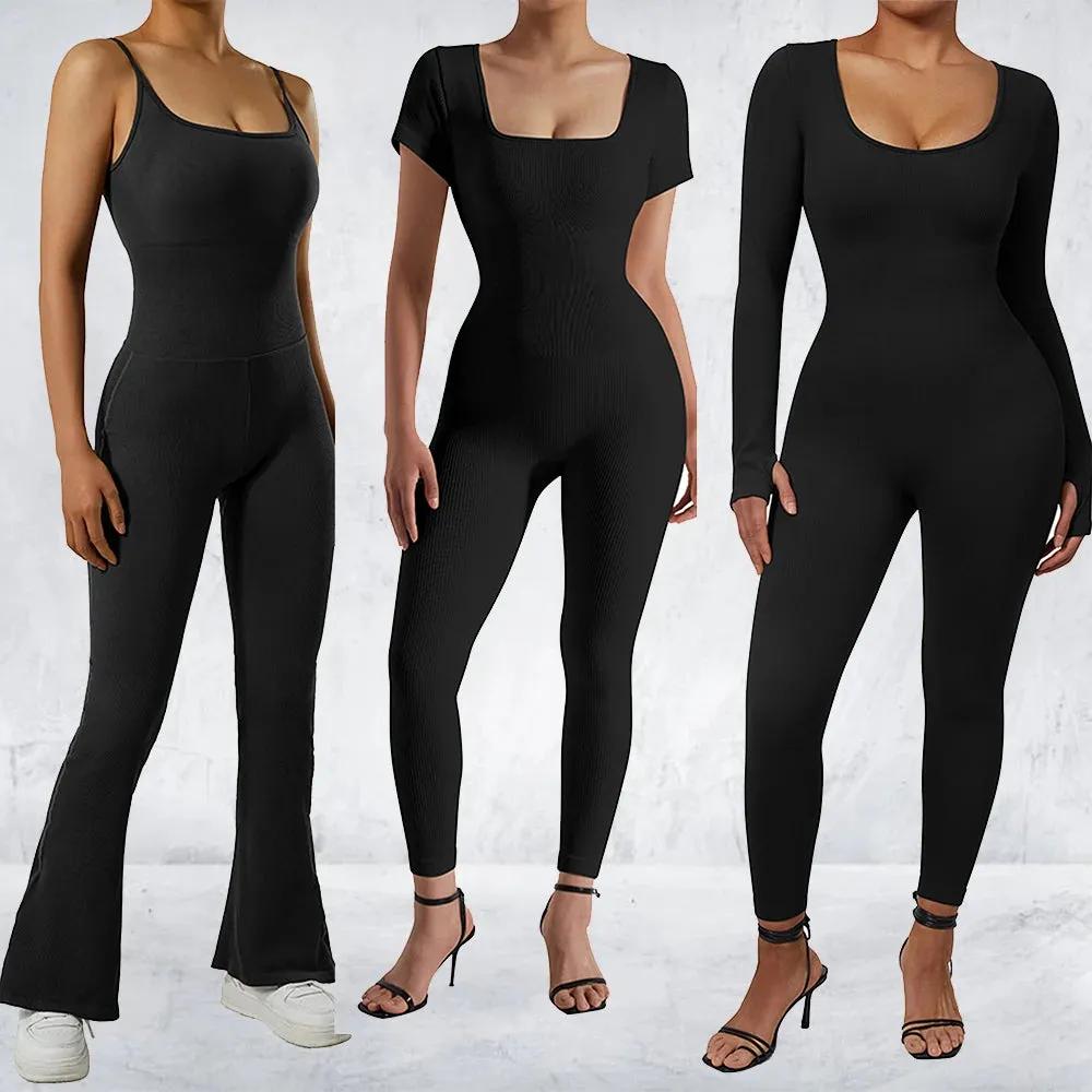 Women's  Ribbed One Piece Jumpsuits Outfits Bodycon Bodysuit Sexy Rompers Short Sleeve Exercise Yoga Jumpsuit Sportswear Mujer