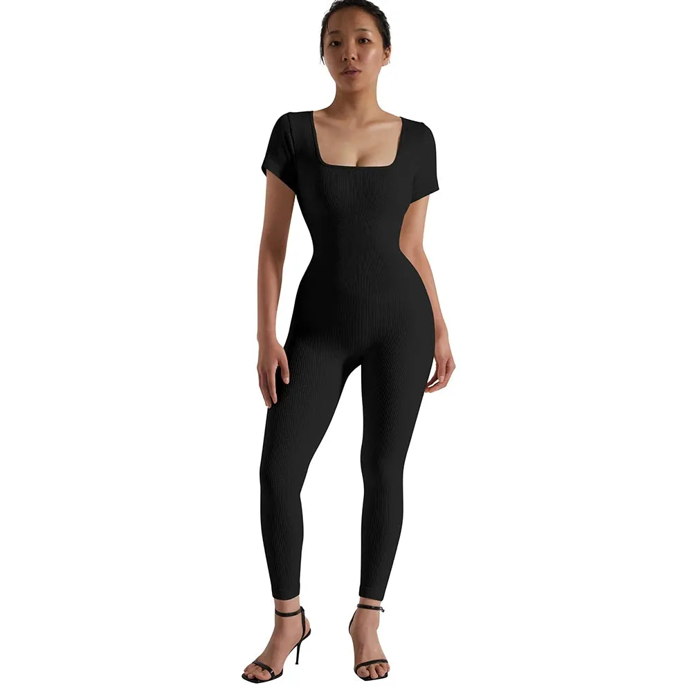 Women's  Ribbed One Piece Jumpsuits Outfits Bodycon Bodysuit Sexy Rompers Short Sleeve Exercise Yoga Jumpsuit Sportswear Mujer