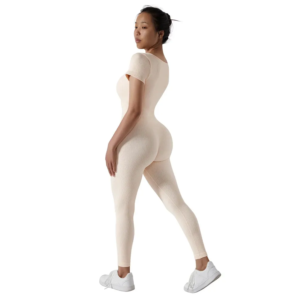 Women's  Ribbed One Piece Jumpsuits Outfits Bodycon Bodysuit Sexy Rompers Short Sleeve Exercise Yoga Jumpsuit Sportswear Mujer