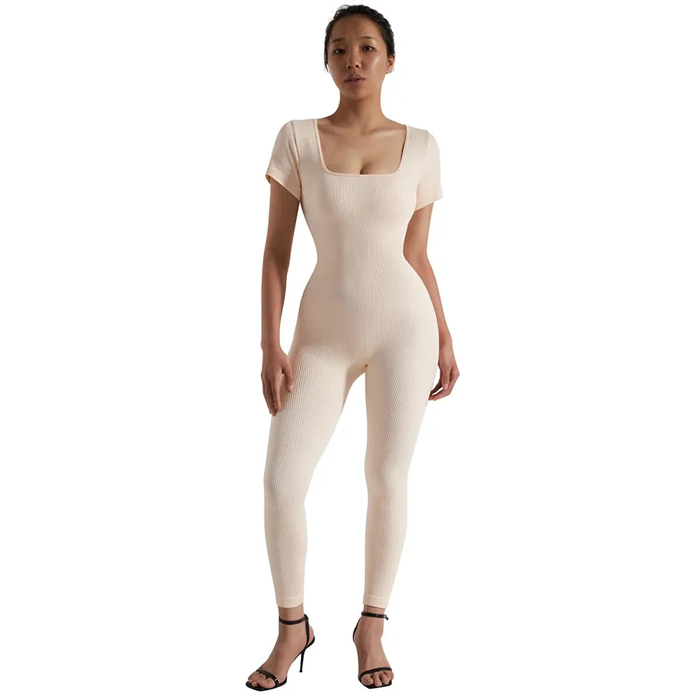 Women's  Ribbed One Piece Jumpsuits Outfits Bodycon Bodysuit Sexy Rompers Short Sleeve Exercise Yoga Jumpsuit Sportswear Mujer