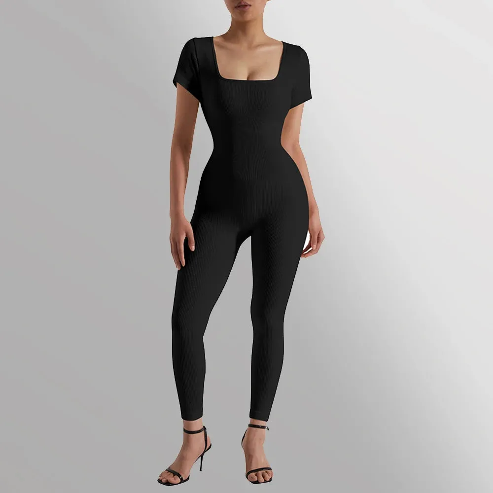 Women's  Ribbed One Piece Jumpsuits Outfits Bodycon Bodysuit Sexy Rompers Short Sleeve Exercise Yoga Jumpsuit Sportswear Mujer