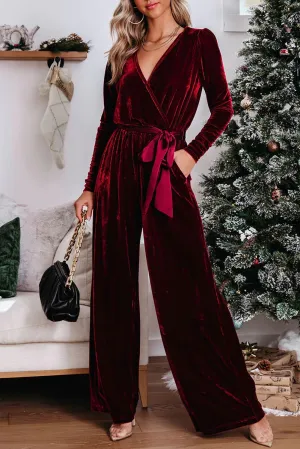 Women's Velvet Pocketed Cut out Back Wide Leg Jumpsuit